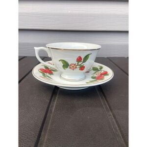 Teleflora Gift Strawberry Teacup and Saucer Set Gold Trim Porcelain Cottagecore